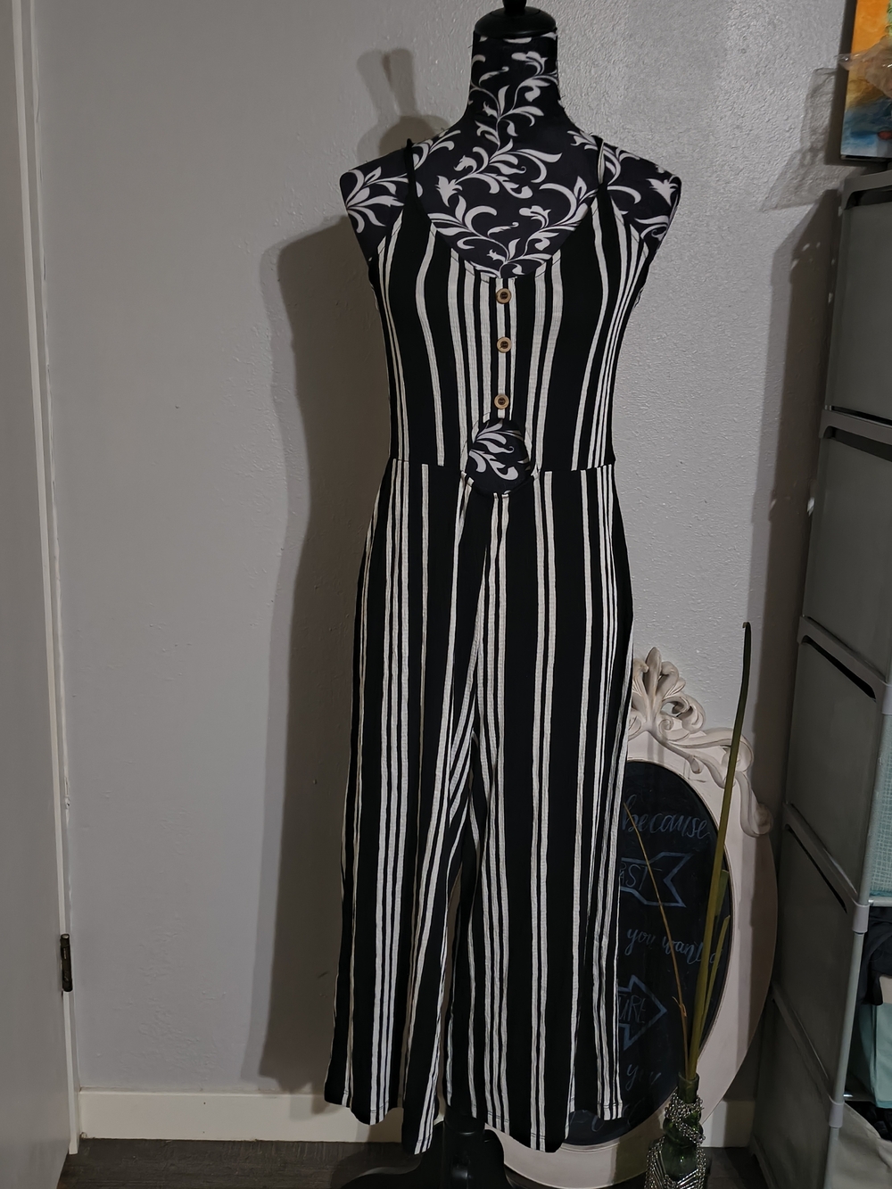 Love Tree Black & White Vertical Stripe Spaghetti Strap Jumpsuit